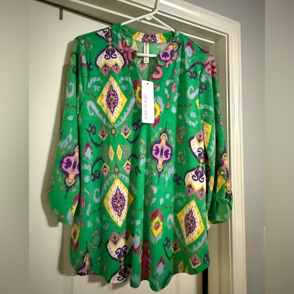 Dear Scarlett Lizzy Green and Purple Patterned Blouse NWT Medium